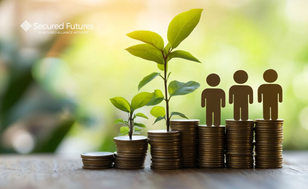 stacks of coins with people standing on top of them and a green plant growing out of a pile of coins