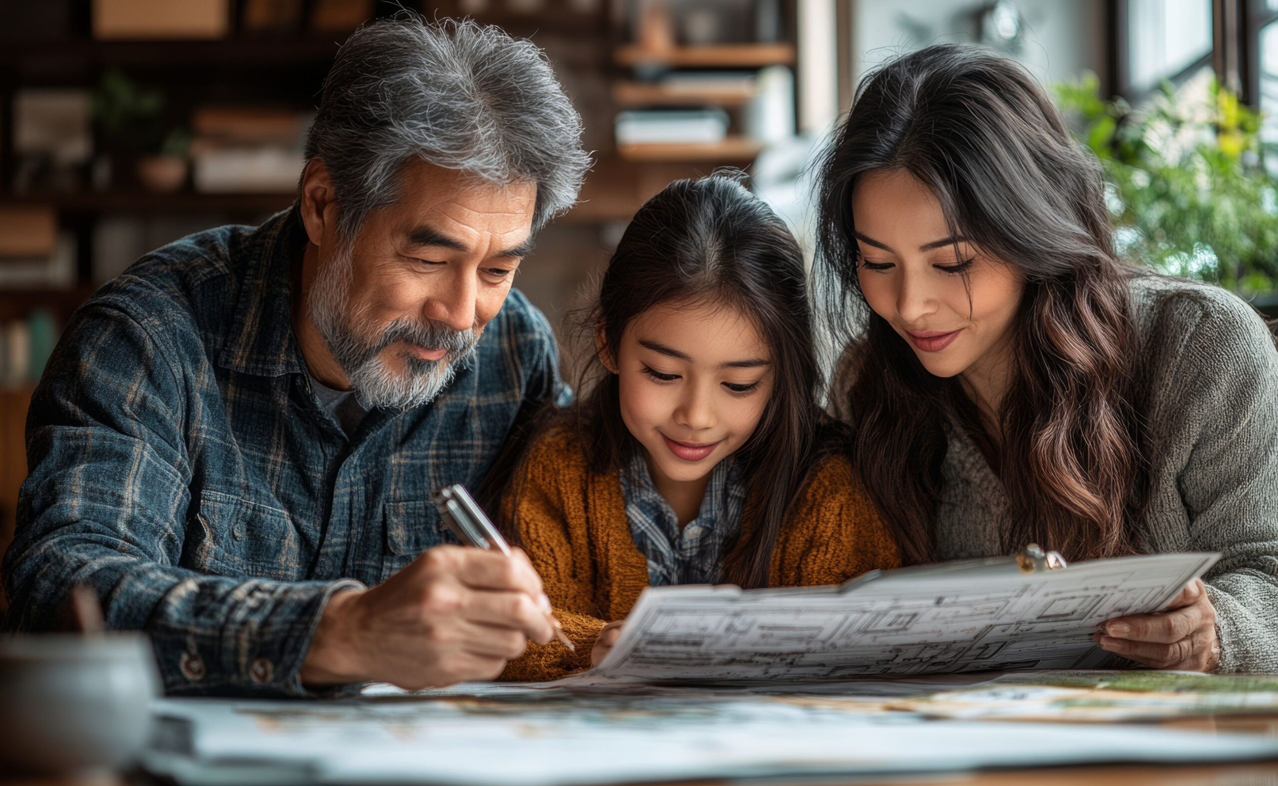 Two people are looking at a map with their child